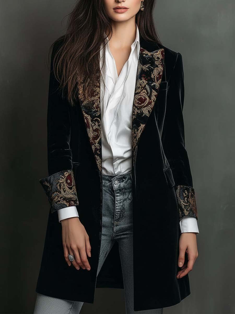 Léontine | Fitted Black Baroque Printed Blazer