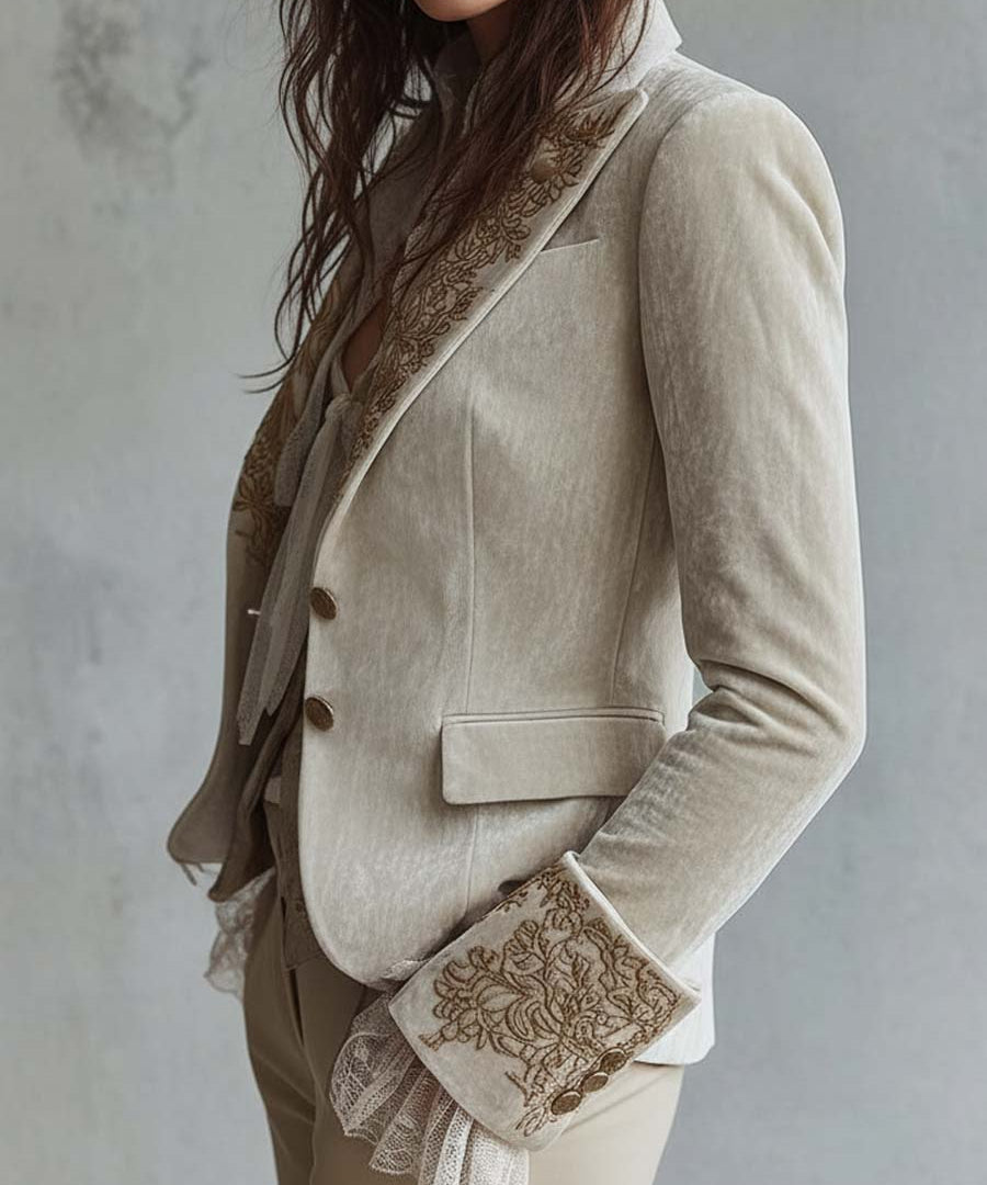 Ivory Velvet Embroidered Blazer With Lace Cuffs