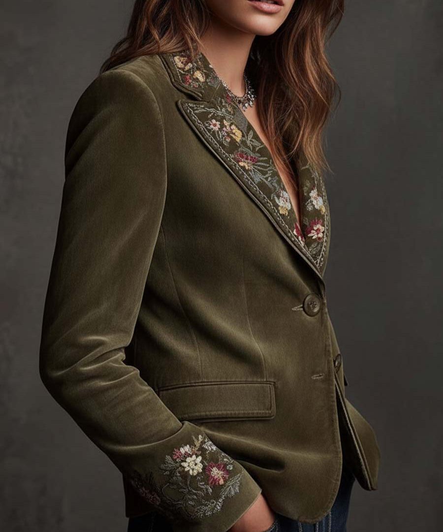Olive Green Velvet Blazer With Intricate Floral Embroidery