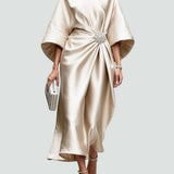 Women's Elegant Flowing Evening Midi Dress in Khaki