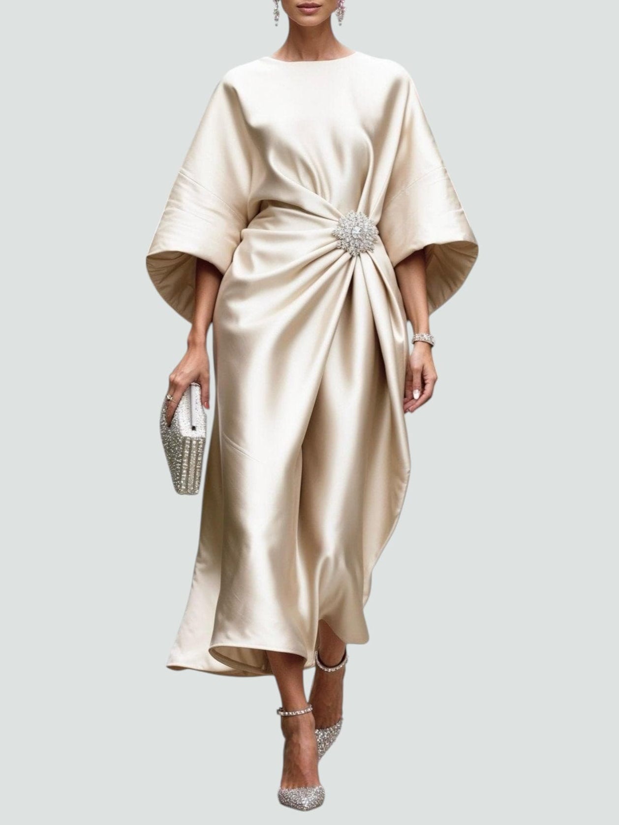 Women's Elegant Flowing Evening Midi Dress in Khaki