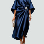 Women's Elegant Flowing Evening Midi Dress in Navy Blue