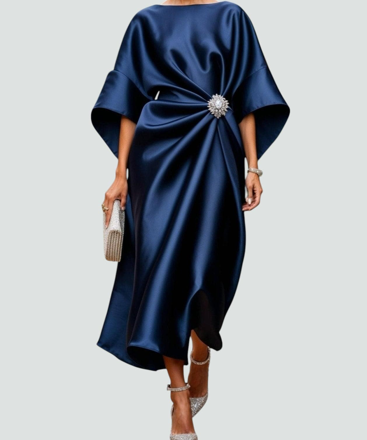 Women's Elegant Flowing Evening Midi Dress in Navy Blue