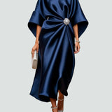 Women's Elegant Flowing Evening Midi Dress in Navy Blue
