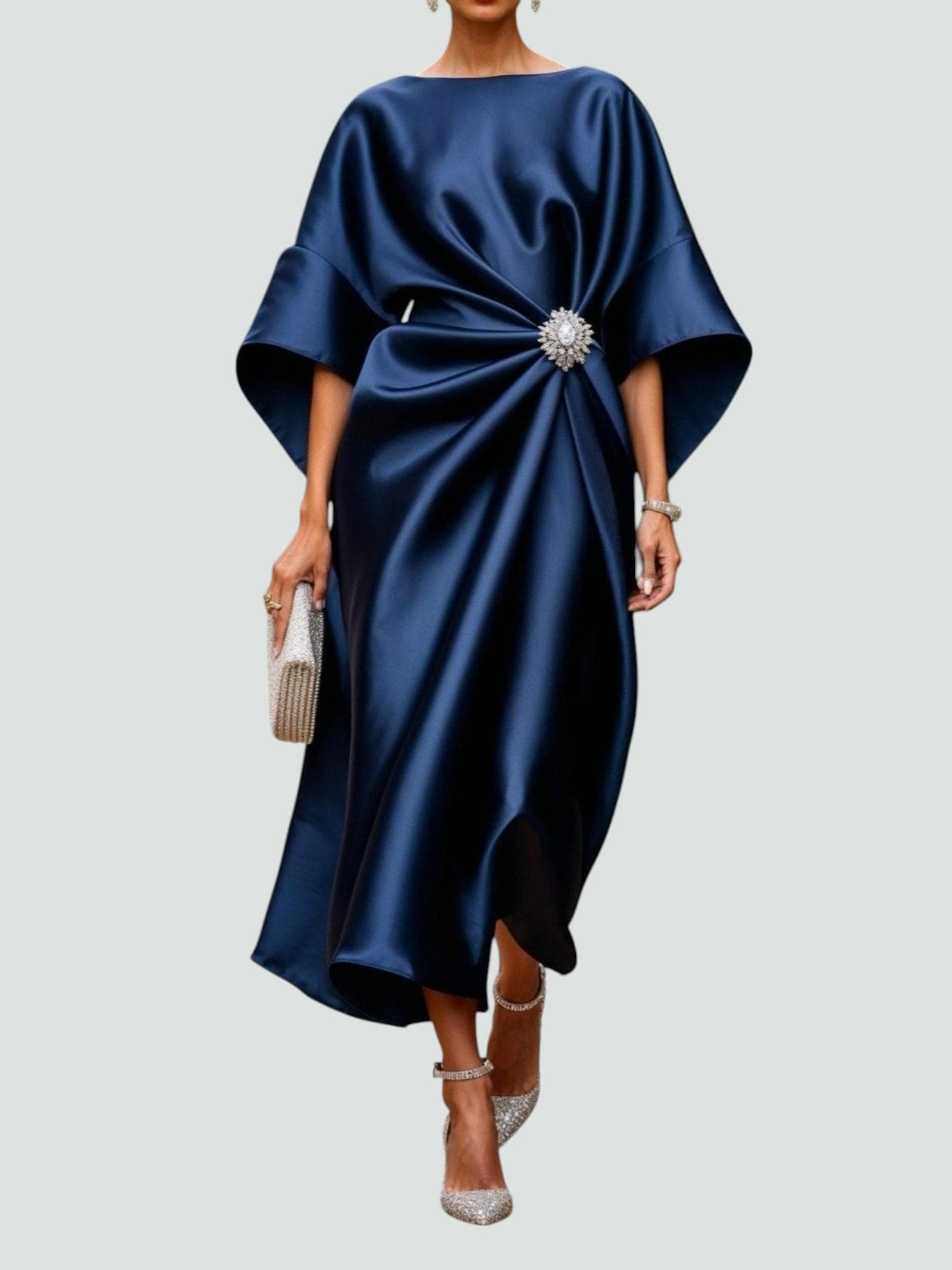 Women's Elegant Flowing Evening Midi Dress in Navy Blue