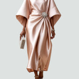 Women's Elegant Flowing Evening Midi Dress in Beige