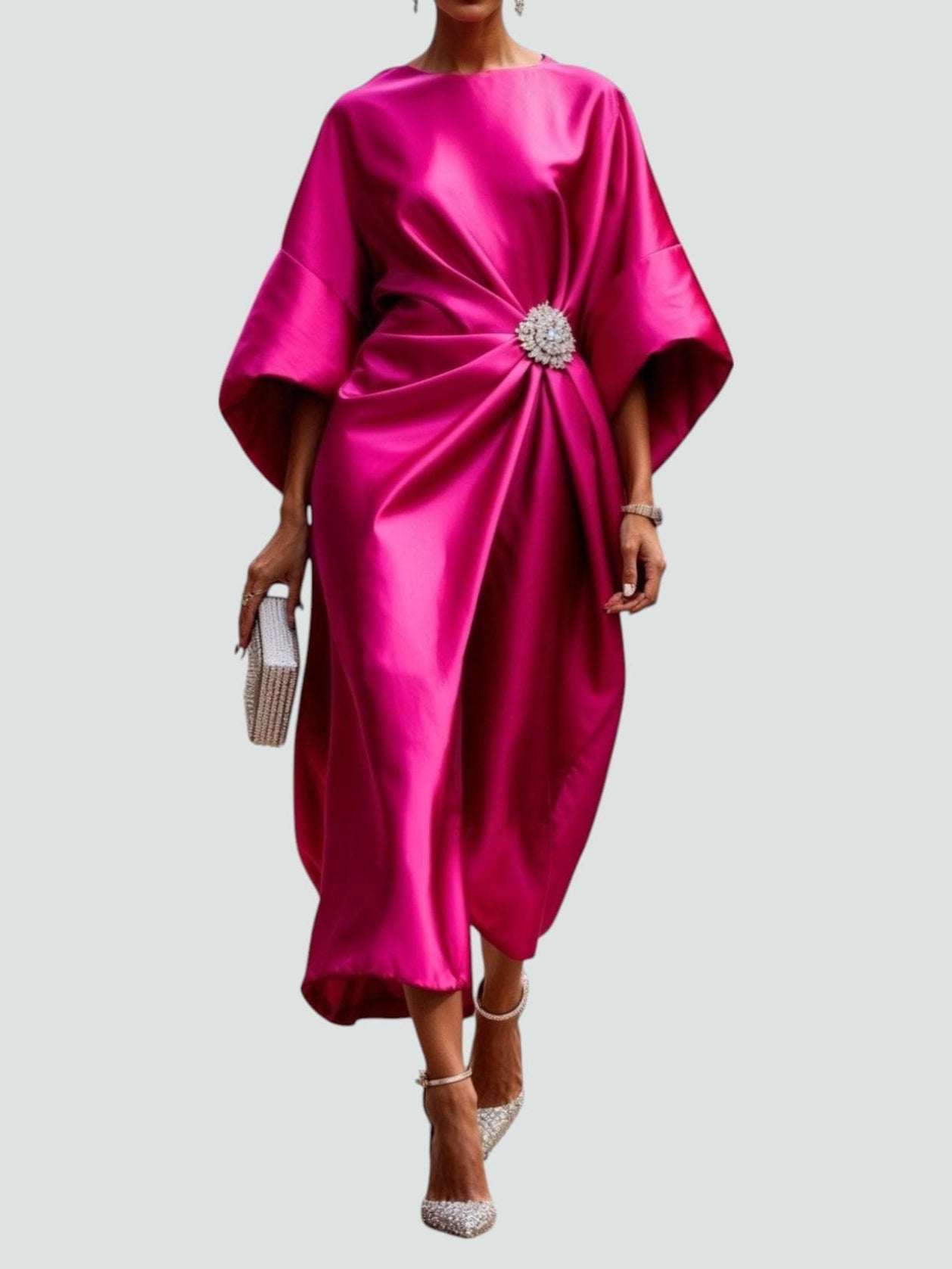 Women's Elegant Flowing Evening Midi Dress in Pink