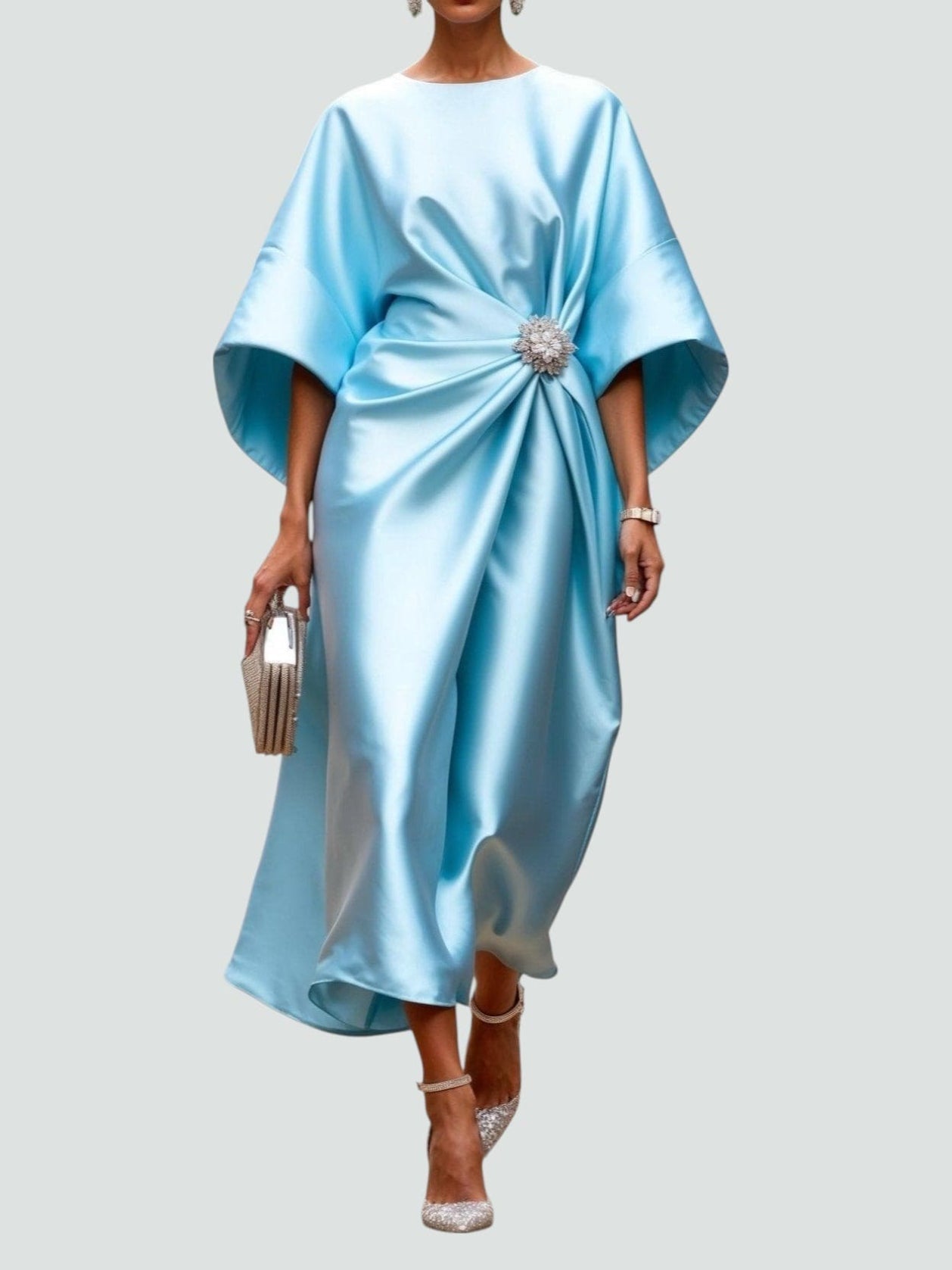 Women's Elegant Flowing Evening Midi Dress in Turquoise