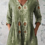 Elise Long Blouse with V-Neck in Green