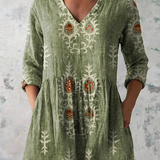 Elise Long Blouse with V-Neck in Green