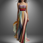 Women's Strapless Colorful Pleated Maxi Dress in Multicolor