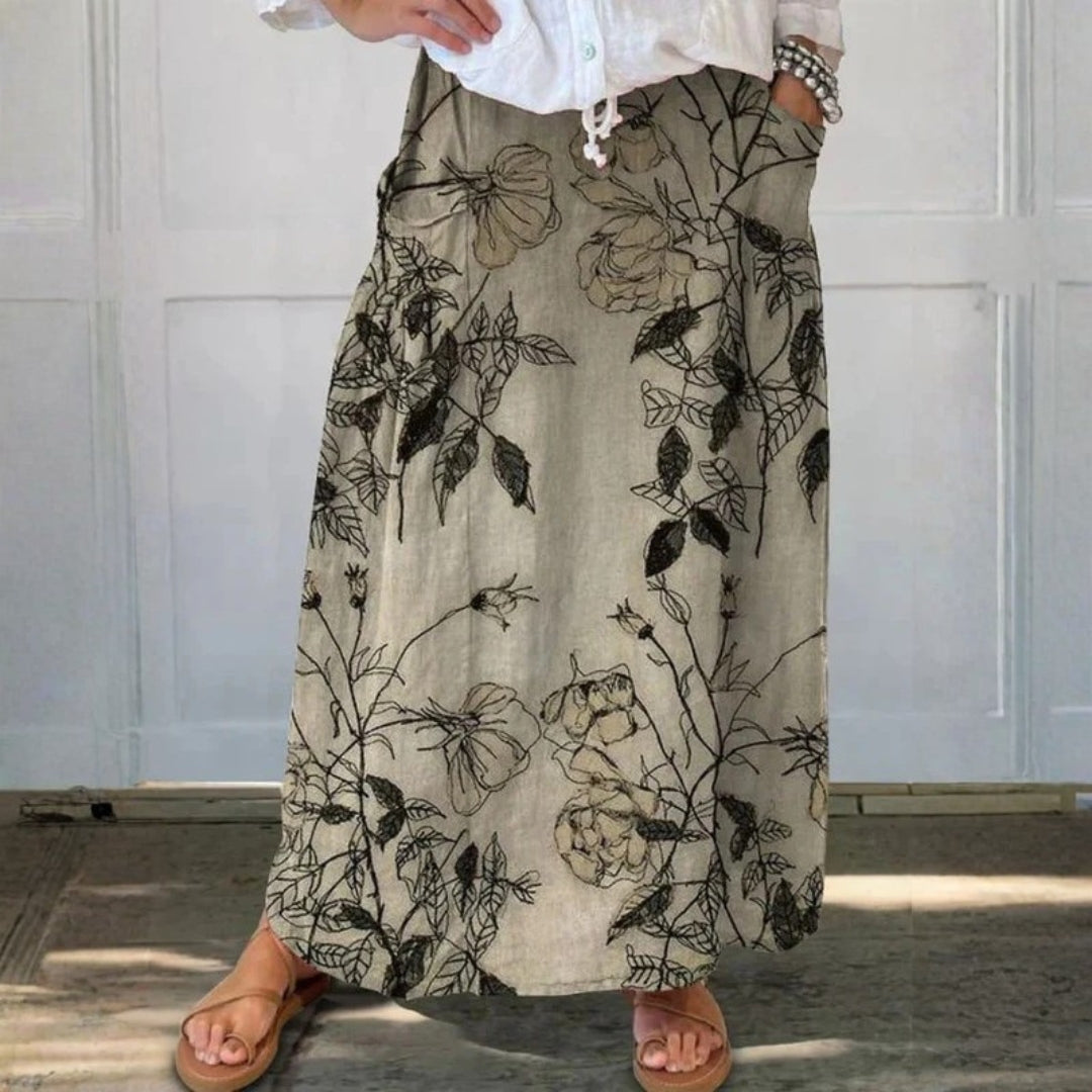 Women's Retro Floral Art Linen Pocket Skirt