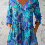 Juliette Long Blouse with V-Neck in Blue
