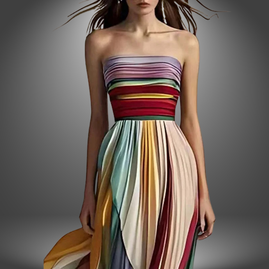 Women's Strapless Colorful Pleated Maxi Dress