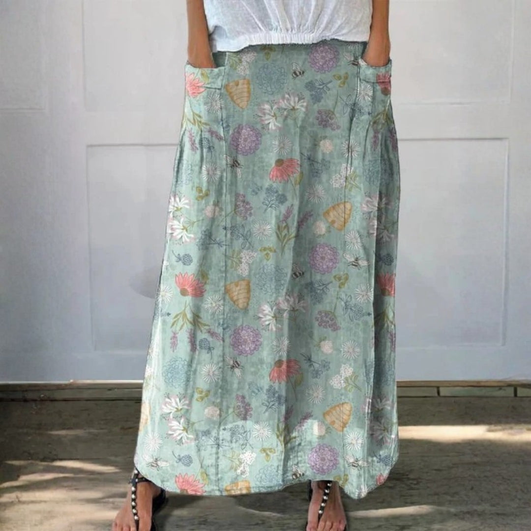 Women's Spring Floral & Bee Print Linen Skirt