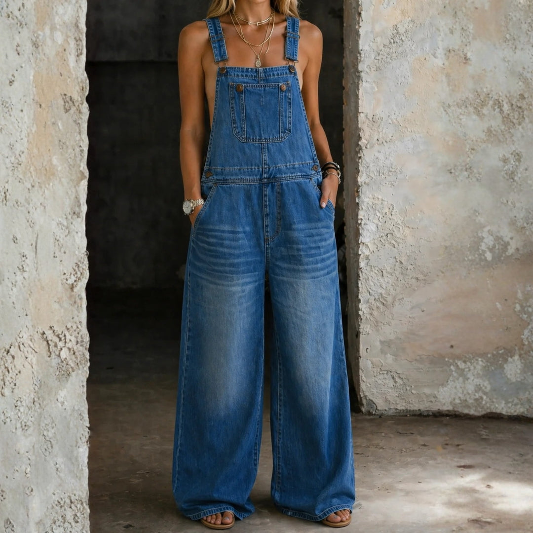 Women's Elastic-Waist Denim Overalls