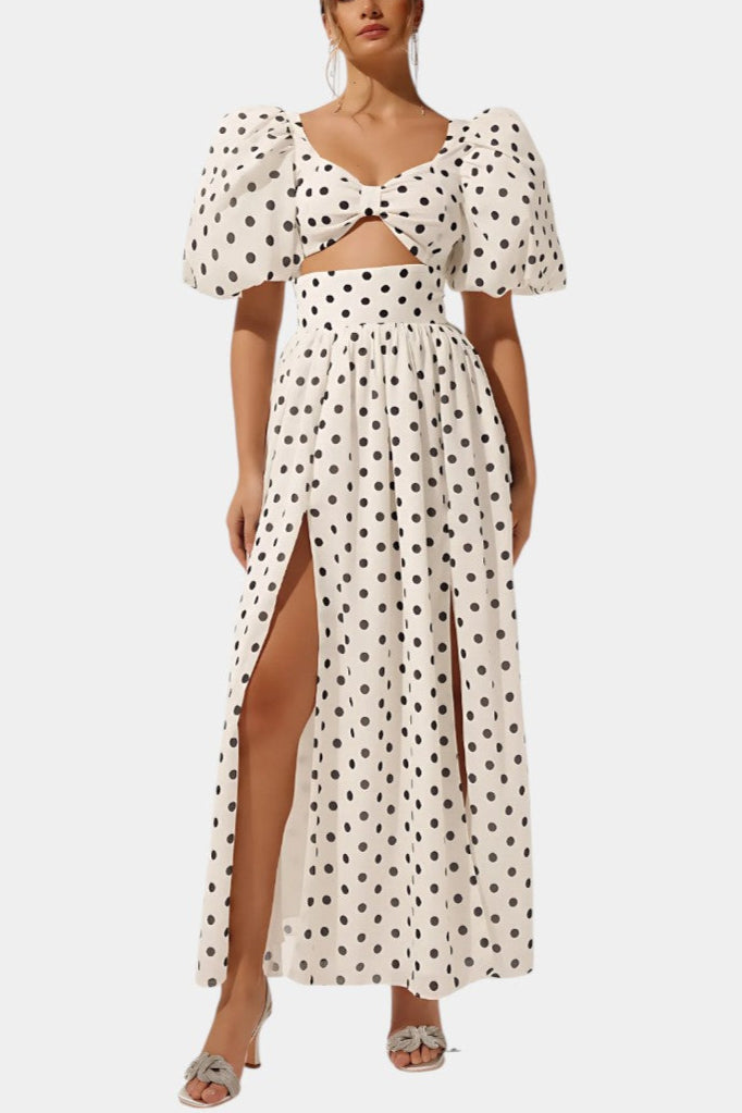 Women's Puff Sleeve Top with Front Slit Skirt