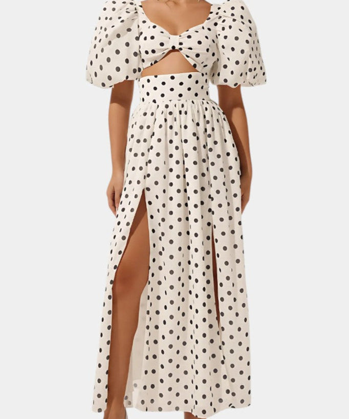 Women's Puff Sleeve Top with Front Slit Skirt