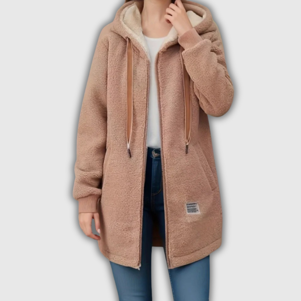 Women's Cozy Hooded Teddy Jacket in Khaki