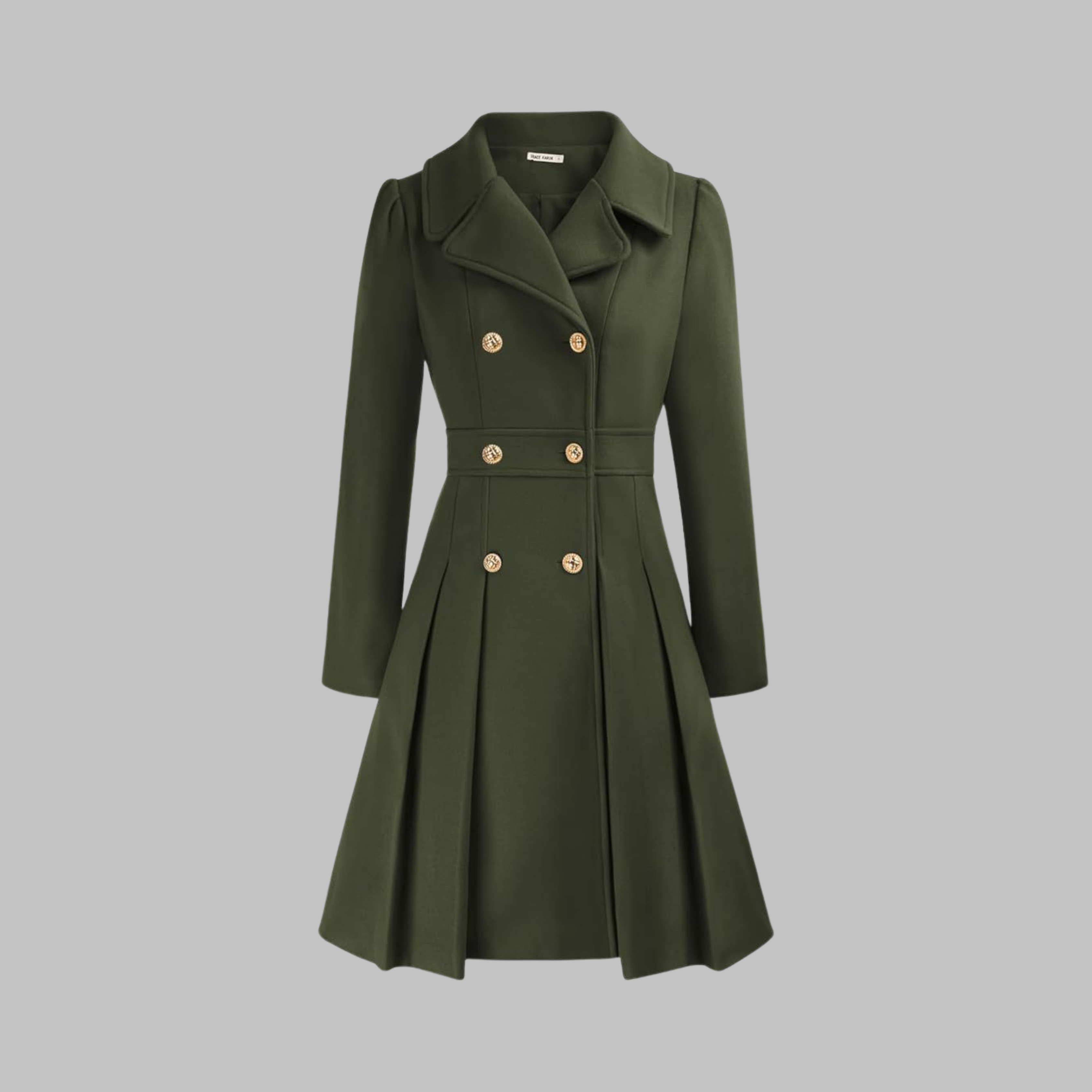 Elegant Double-Breasted Long-Sleeve Coat in Army Green