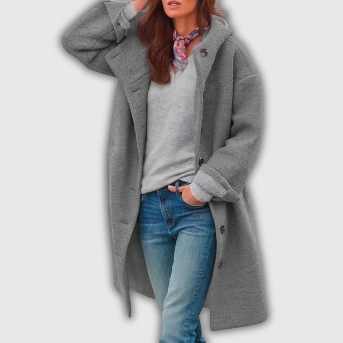 Women's Long Hooded Button-Front Coat in Gray
