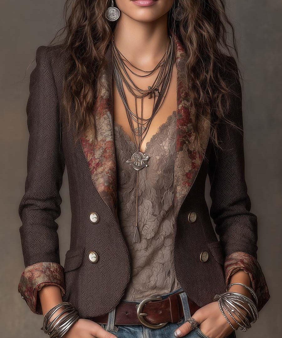 Vintage Herringbone with Floral Print Lapel Blazer