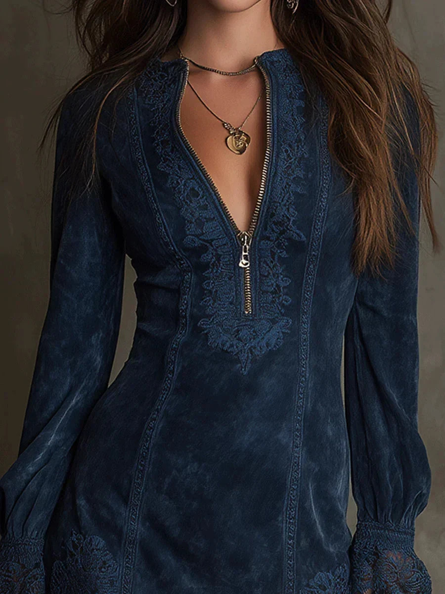 Women's Blue Suede Mini Dress with Lace, photo 3