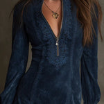 Women's Blue Suede Mini Dress with Lace, photo 3