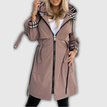 Women's Hooded Coat with Plaid Details in Brown