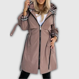 Women's Hooded Coat with Plaid Details in Brown