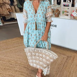 Women's Chic Floral V-Neck Maxi Dress in Blue