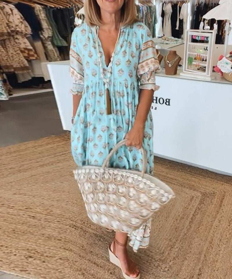 Women's Chic Floral V-Neck Maxi Dress in Blue