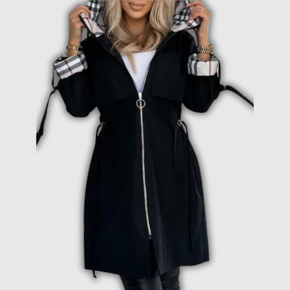 Women's Hooded Coat with Plaid Details in Black