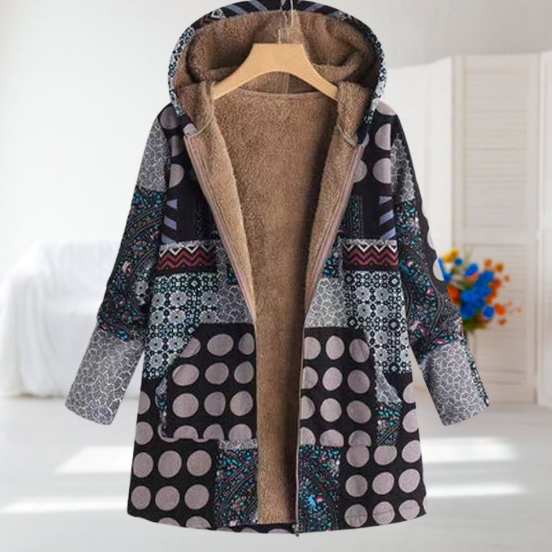 Women's Black Patterned Fleece Coat, photo 2