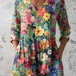 Nora Long Blouse with V-Neck in Multicolor