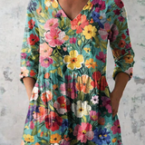 Nora Long Blouse with V-Neck in Multicolor