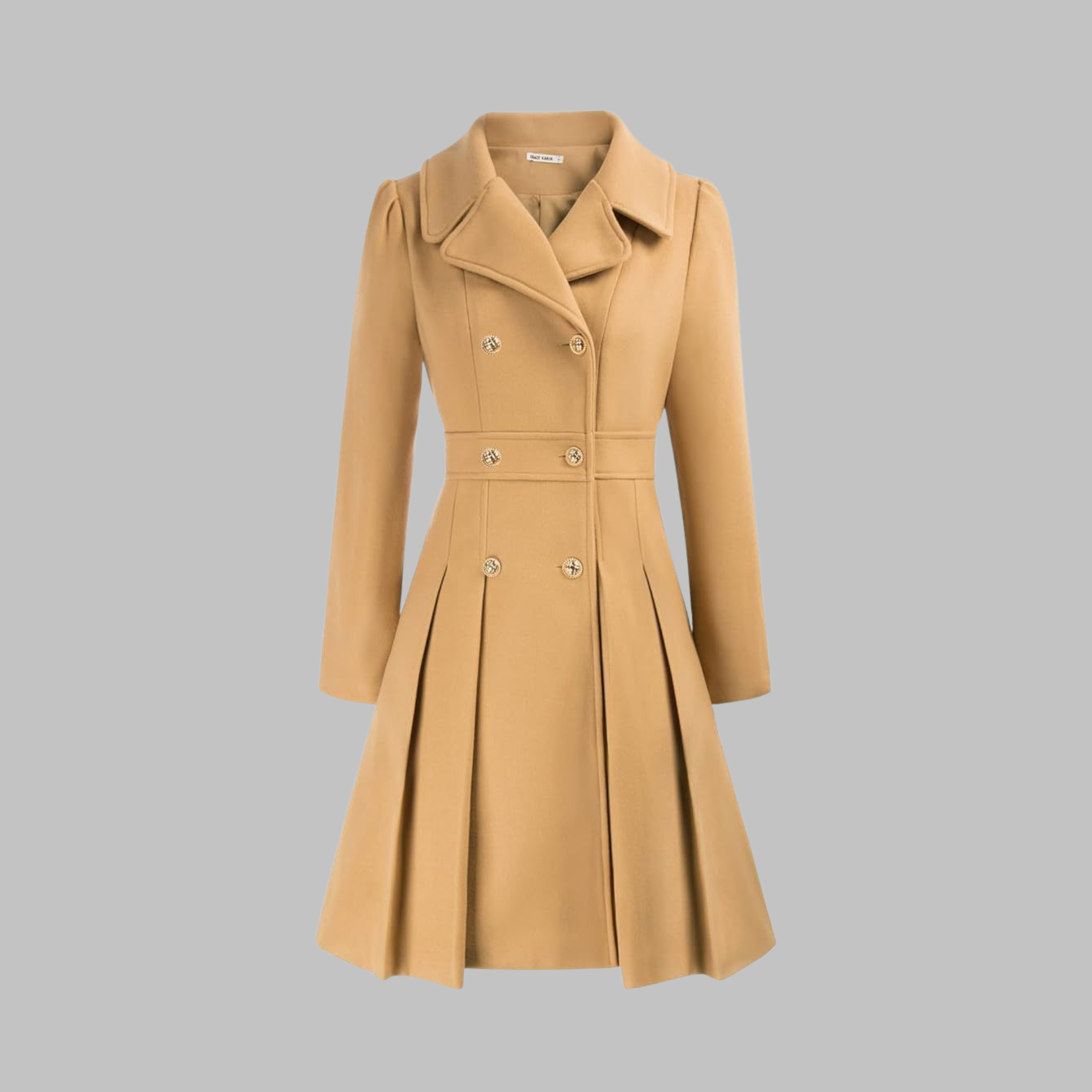 Elegant Double-Breasted Long-Sleeve Coat in Khaki