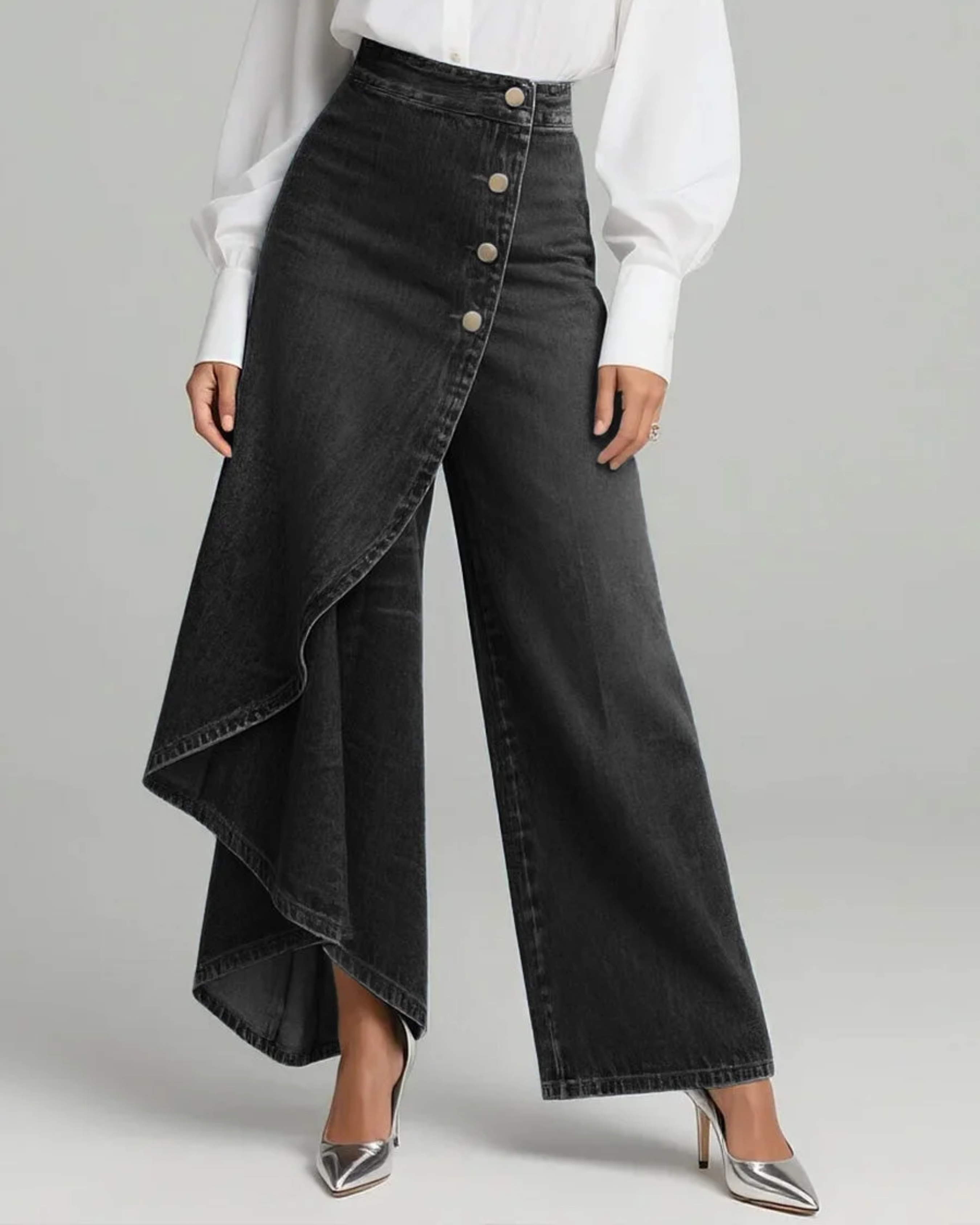 Women's Wrap-Style Denim Pants in Black
