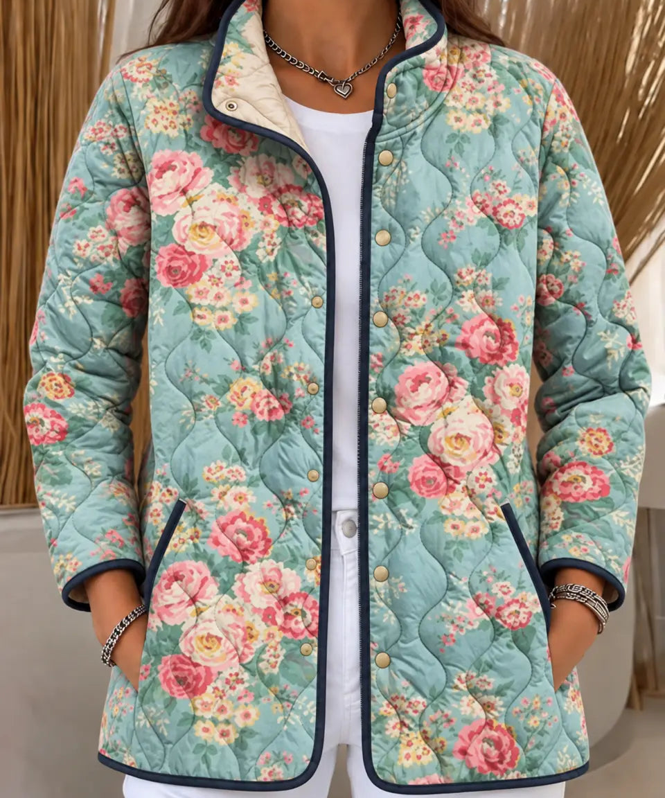 Women's Aqua Quilted Jacket with Tiny Roses