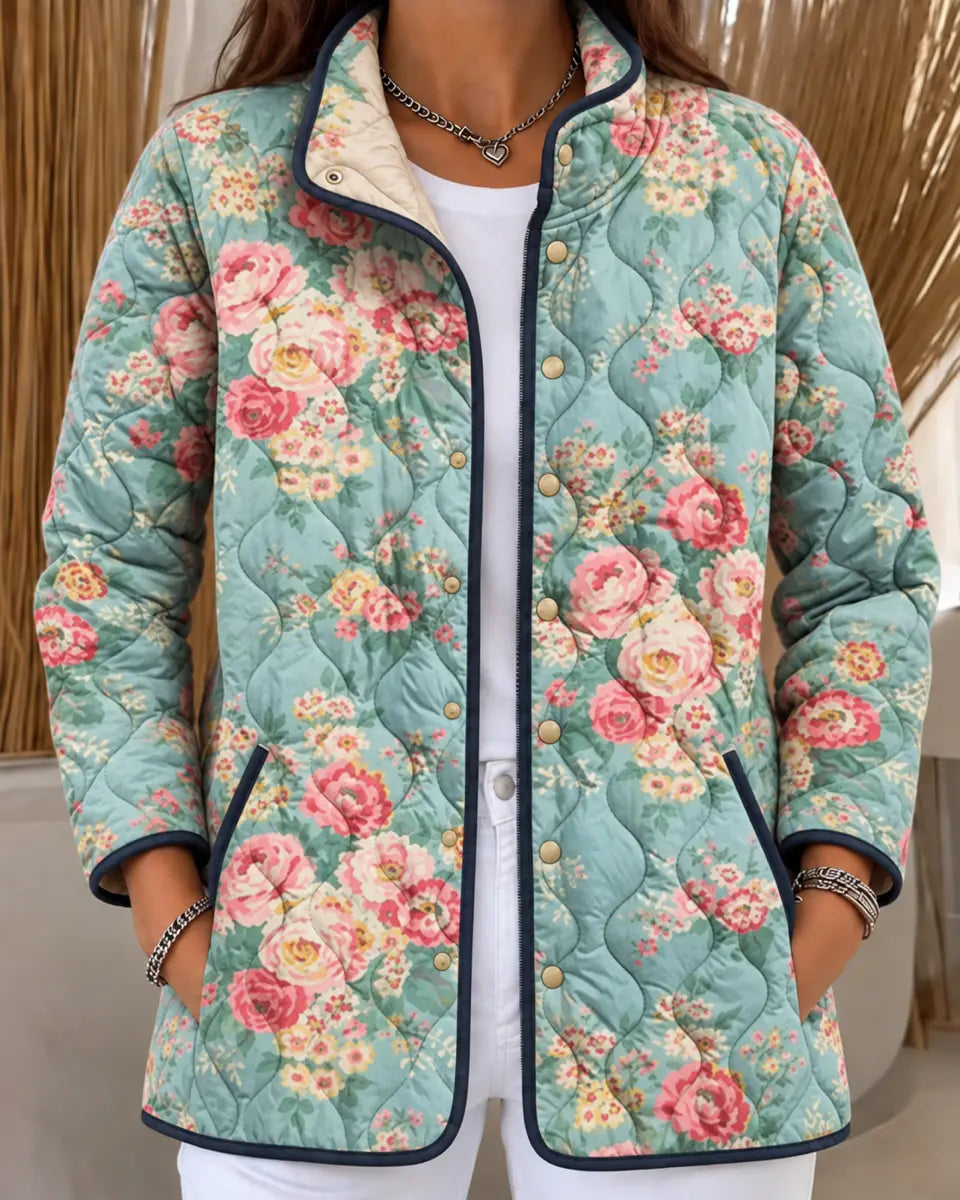 Women's Aqua Quilted Jacket with Tiny Roses