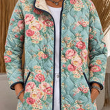 Women's Aqua Quilted Jacket with Tiny Roses