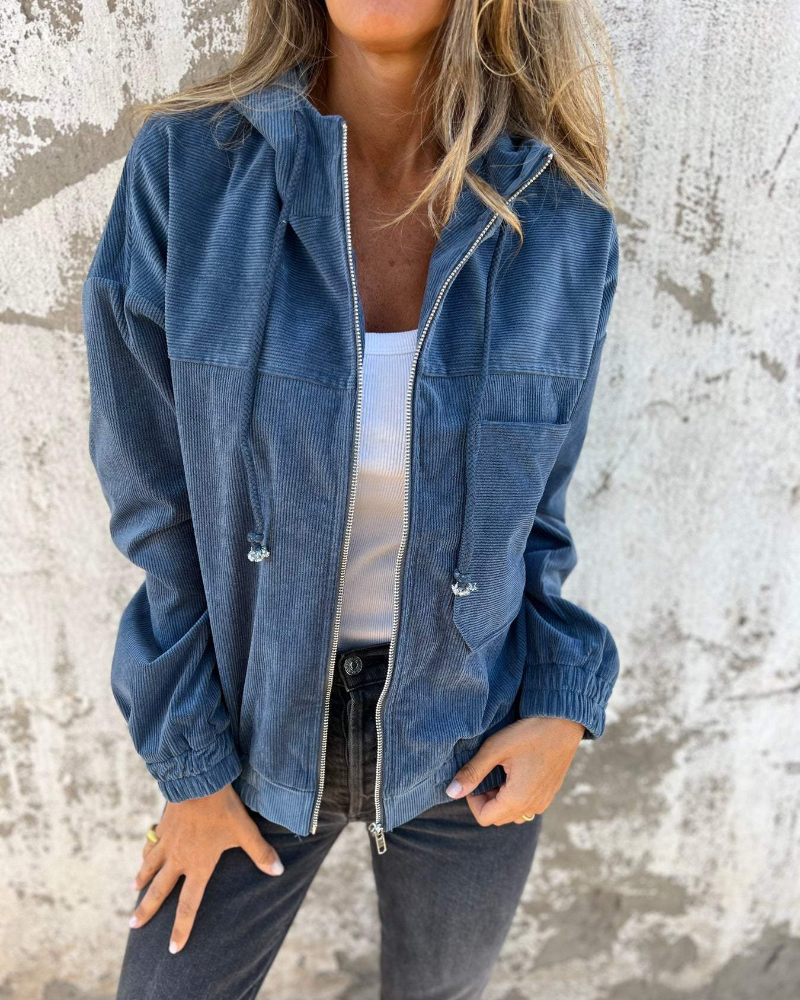 Women's Hooded Corduroy Zip Jacket in Blue