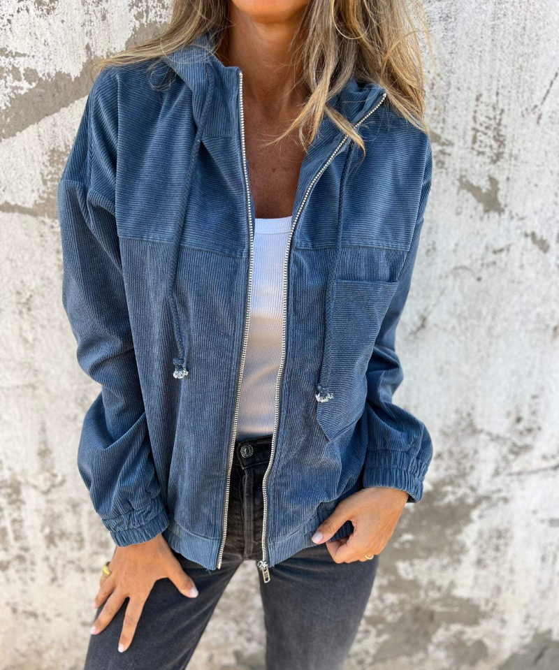 Women's Hooded Corduroy Zip Jacket in Blue