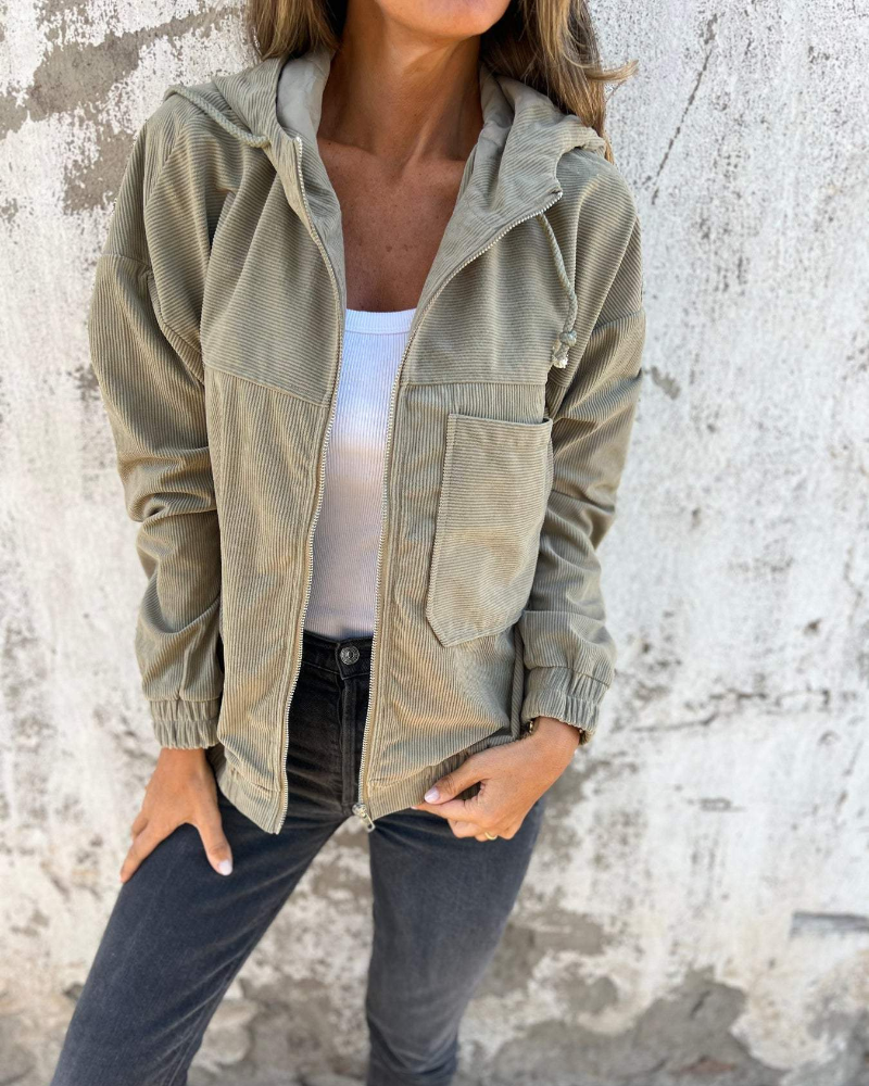 Women's Hooded Corduroy Zip Jacket in Green