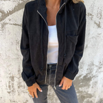 Women's Hooded Corduroy Zip Jacket in Black