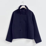 Women's Luxe Double-Breasted Short Coat in Navy Blue