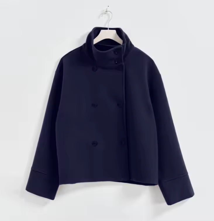 Women's Luxe Double-Breasted Short Coat in Navy Blue