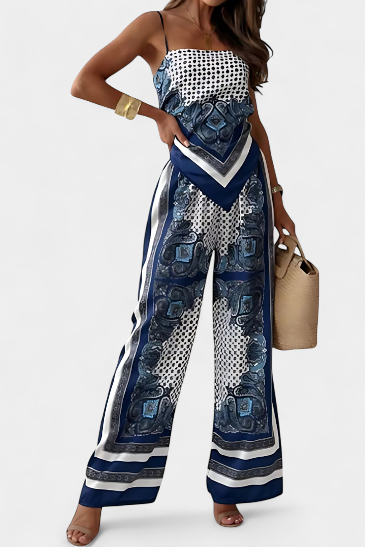 Women's Bandeau Top and Wide-Leg Pants in Blue