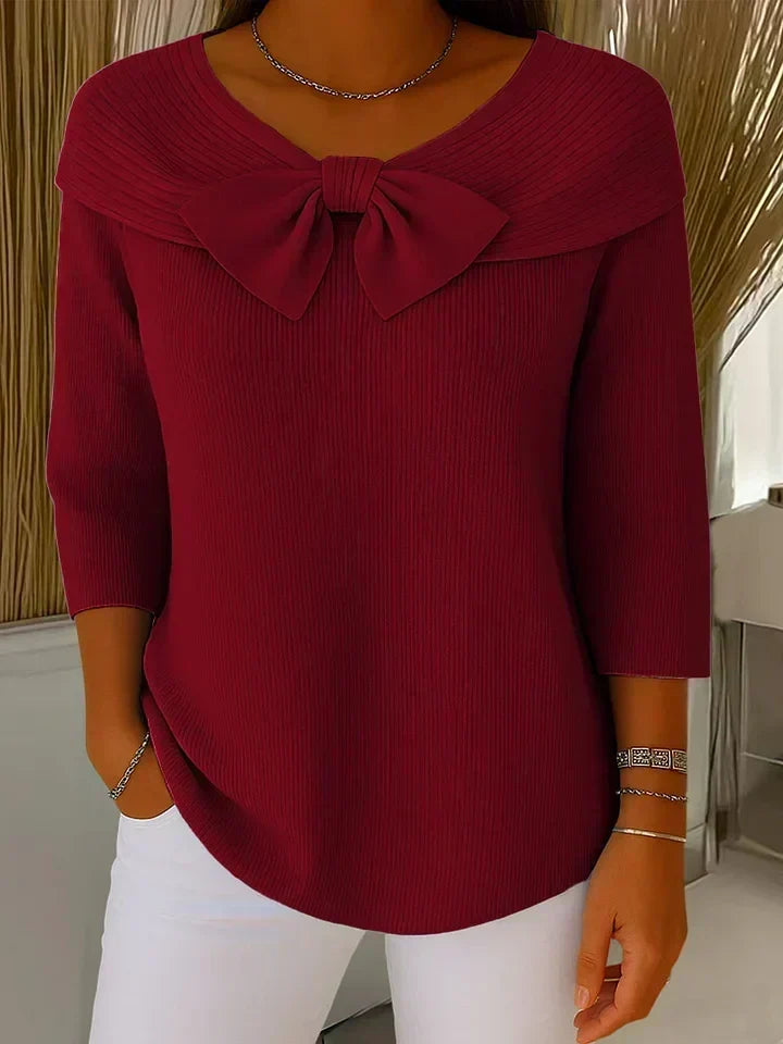 Women's Ribbed Sweater with Bow Detail in Red