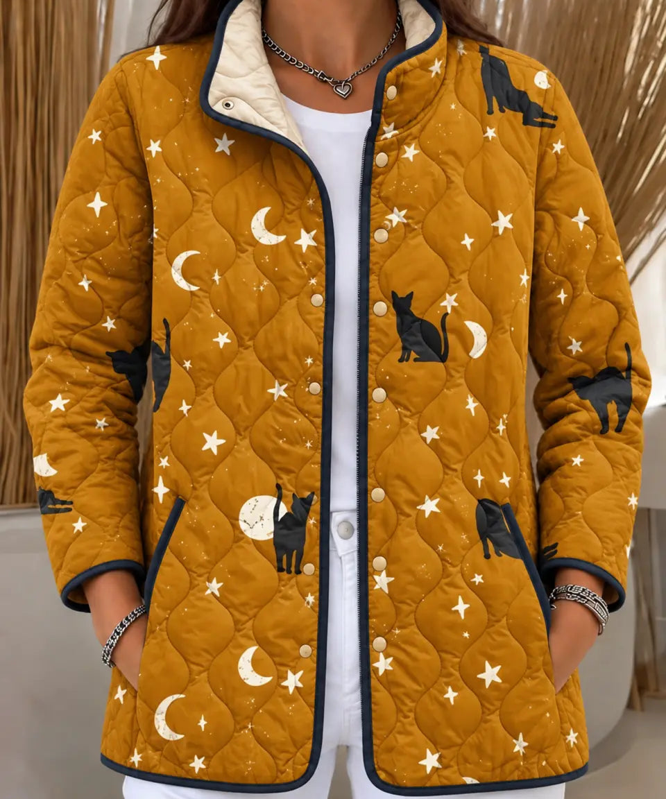 Mustard Quilted Jacket with Cats and Moons
